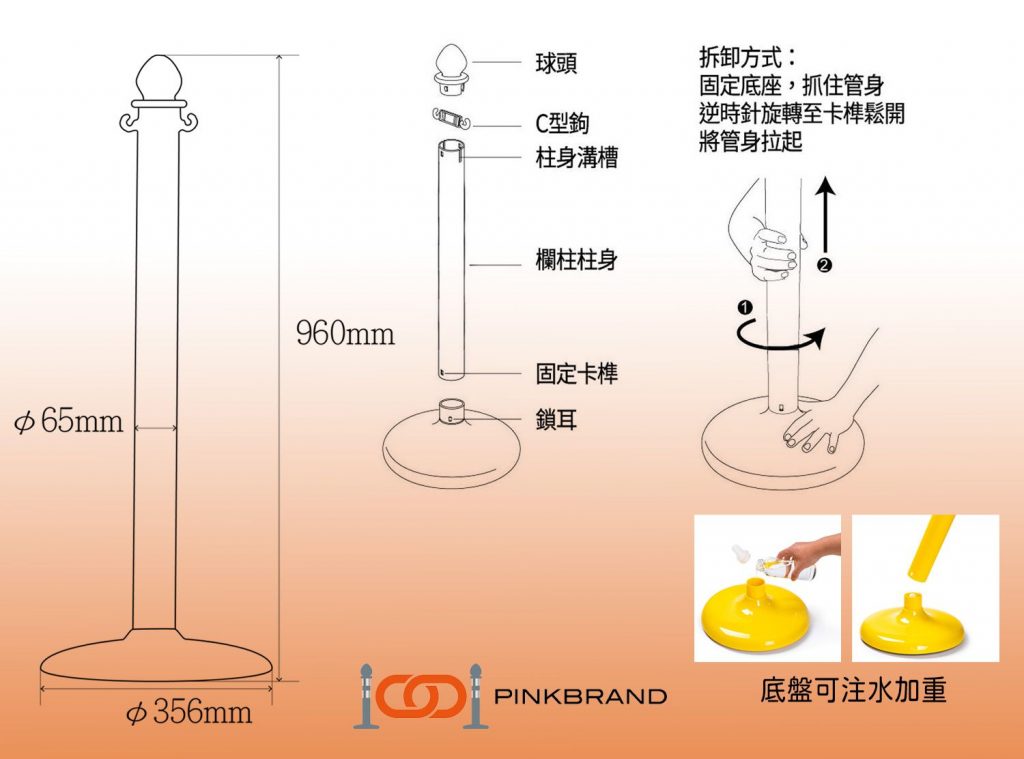 PINKBRAND Water Base Barrier Post Assembly Diagram | Stable Wind Resistance, Easy Transport, Quick Assembly, Cost-Effective Fencing Solution for Temporary Areas PINKBRAND 水基底盤圍欄柱組裝圖 | 穩定防風、輕便搬運、快速組裝、理想的經濟型圍欄解決方案,適用於各類臨時區域